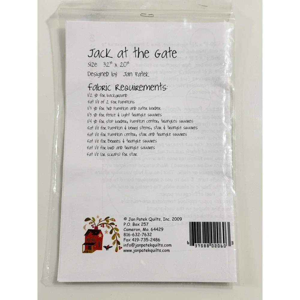 Jan Patek Quilts Pattern Jack at the Gate JPQ2060 32x20 Multicolor Pumpkin Crow